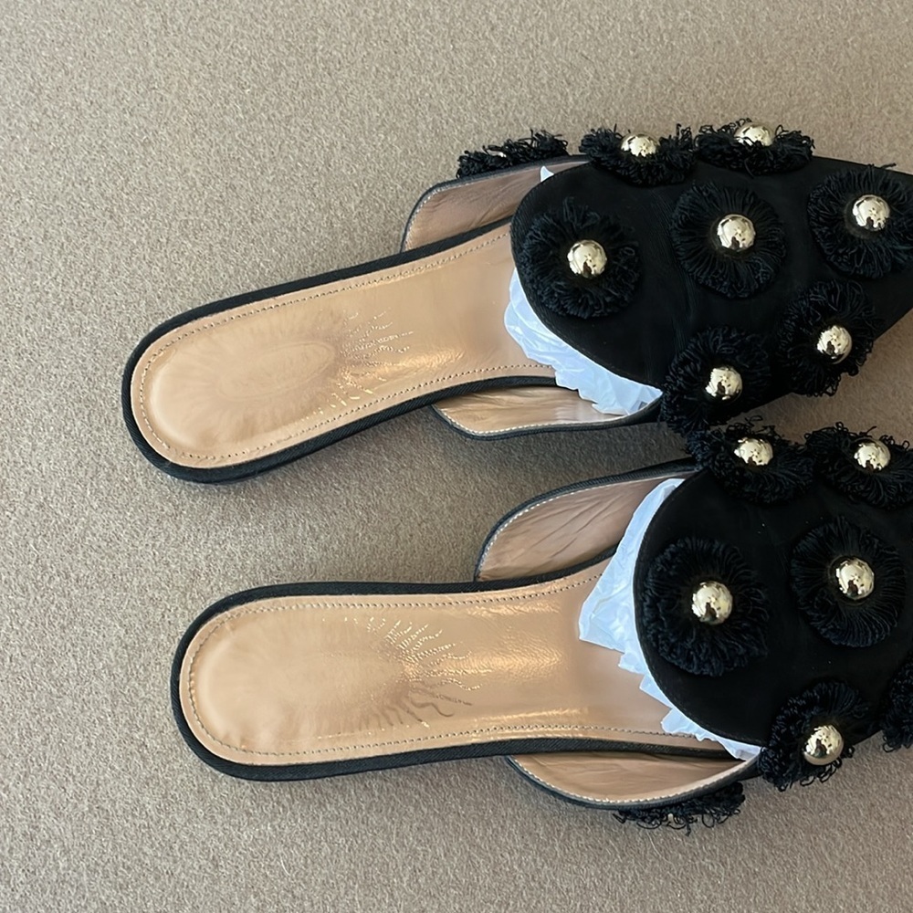 AQUAZZURA Sunflower Embellished Faille Slipper Shoes In Black -Size 37 IT / 7 US - Picture 2 of 9